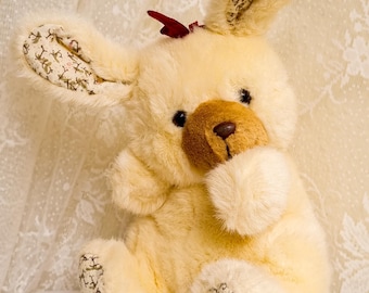 Vintage Yellow Bunny Plush with Floral Ears, 80s Soft Toy, Pastel Plush Rabbit, Cottagecore Cute Decor, Retro Collectible Plush