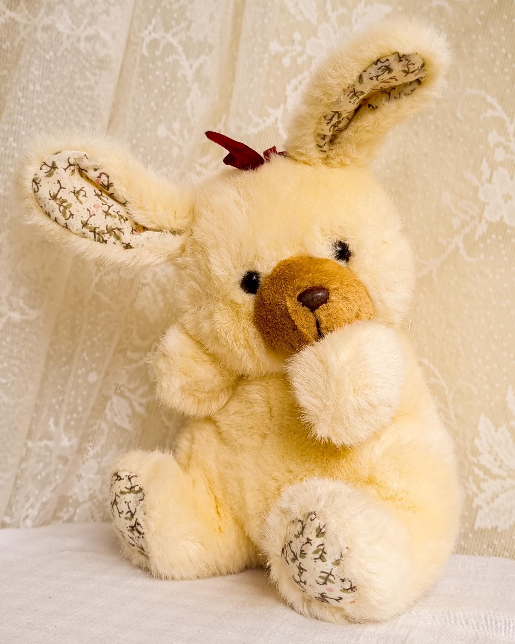Vintage Yellow Bunny Plush With Floral Ears, 80s Soft Toy, Pastel