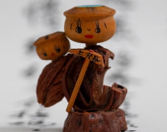 Vintage Japanese Kappa Mother and Baby Walnut Kokeshi Figurine 1960s 1970s Omiyage Folk Art