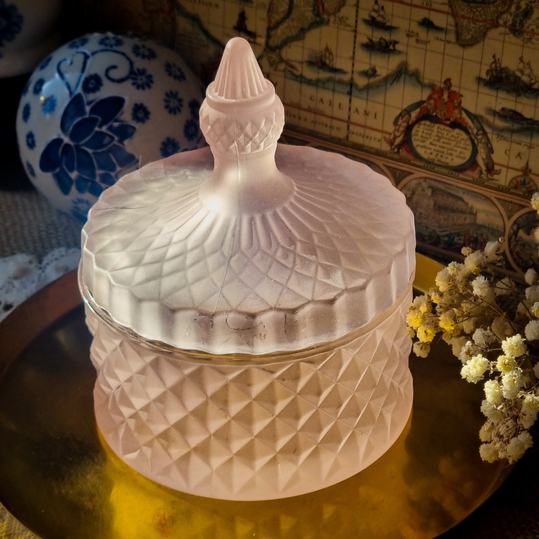 Vintage Pink Frosted Glass Container Lidded Jar Design Retro Etsy