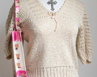 Vintage Hand-Knitted Off-White Lace Knit Top with Golden Glitter Thread - Stretchy Cottagecore Coquette Soft Aesthetic Clothing