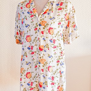 Vintage Floral Crepe Blouse: 80s/90s Button-Up Shirt, Size L