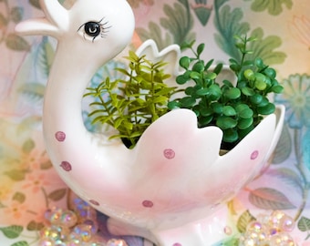 Vintage Japanese Kitsch Goose Planter Ceramic Made in Japan Pastel Cottagecore Decor Swan Duck Planter