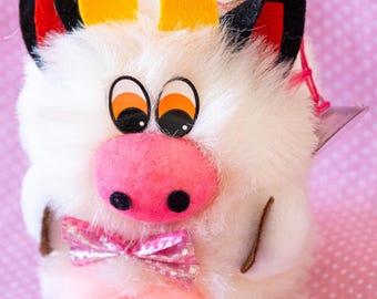 Vintage Tiimari Cow Plush Suction Cup 90s Finland Kawaii Decor Window Toy Cute Animal Pink Bow Fluffy Novelty Retro Gift