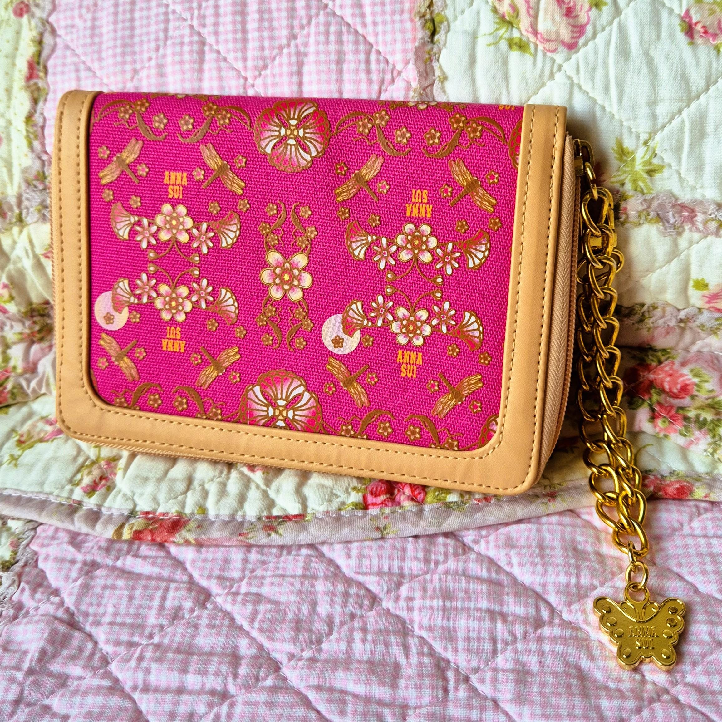 Y2K Anna Sui Pink Dragonfly Wallet With Gold Chain & Butterfly
