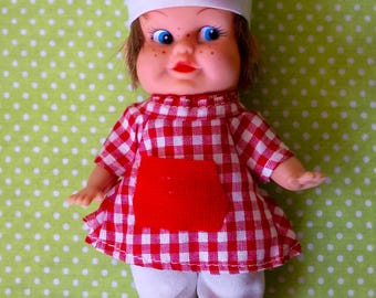 Vintage 1960s Freckled Cook Doll Hong Kong Chef Doll Red White Gingham Outfit Blue Eyes Retro Plastic Toy Nursery Decor