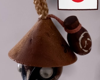 Vintage Japanese Tanuki Head Omiyage Hanging Charm Mini Wood Folk Art Showa Era Rope Strap Figurine Kawaii Rustic Decor