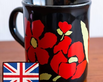 Vintage Tams Floral Coffee Mug Made in England Black Ceramic Red Flower Tea Cup 1980s English Pottery Retro Kitchen Collectible