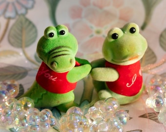 Vintage 1980s Flocked Frog and Alligator Pencil Hugger Pair Cute Desk Decor Retro Toy