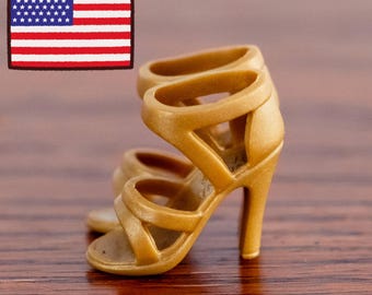 Y2K Barbie Secret Spells Christie Doll Heels 2003 Gold Miniature Doll Shoes Accessory