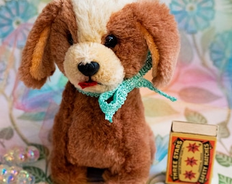 Vintage 1960s Mohair Plush Dog by Shanghai Doll Factory, Brown White Wool Toy, Collectible Retro Soft Animal Figure