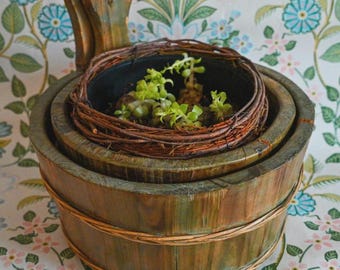 Rustic Chinese Bamboo-Style Decorative Bucket Set of Two | Wabisabi Japandi Cottagecore Home Decor Wooden Planter Bowls