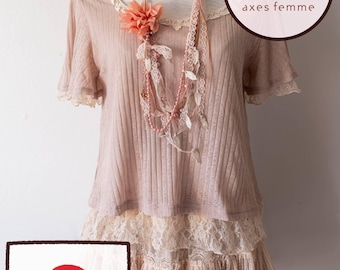 Axes Femme Japan Lace Layered Ribbed Blouse Beige Pink Himekaji Gyaru Coquette Mori Girl J-Fashion Women's Size M
