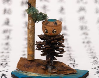 Vintage Japanese Kappa Omiyage Figurine Showa 1950s 1960s Pinecone Folk Art Driftwood Island Yokai Bobble Head MCM Souvenir Decor