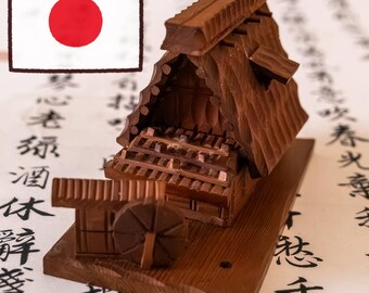 Vintage Japanese Wooden Watermill House Box, Mingei Folk Art Miniature, Traditional Rural Japan Trinket Box, Japandi Decor