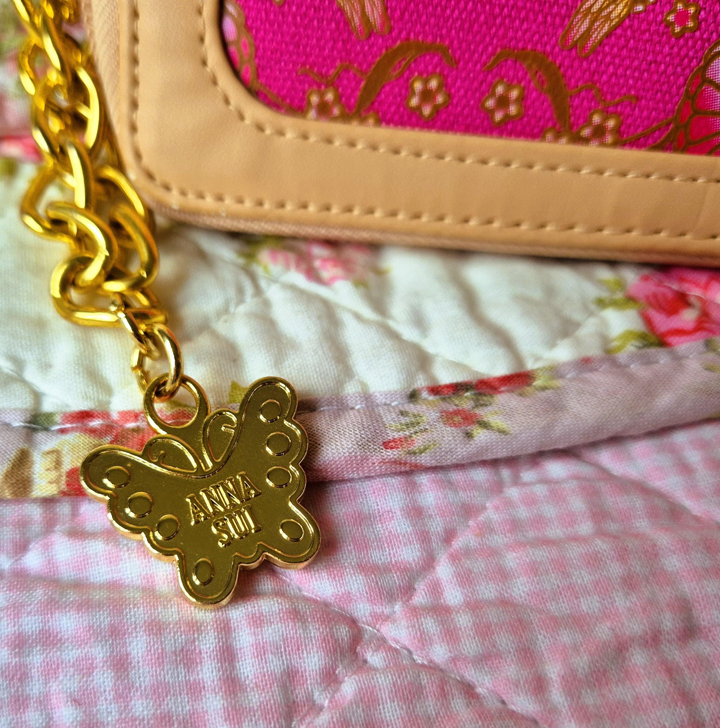 Y2K Anna Sui Pink Dragonfly Wallet With Gold Chain & Butterfly