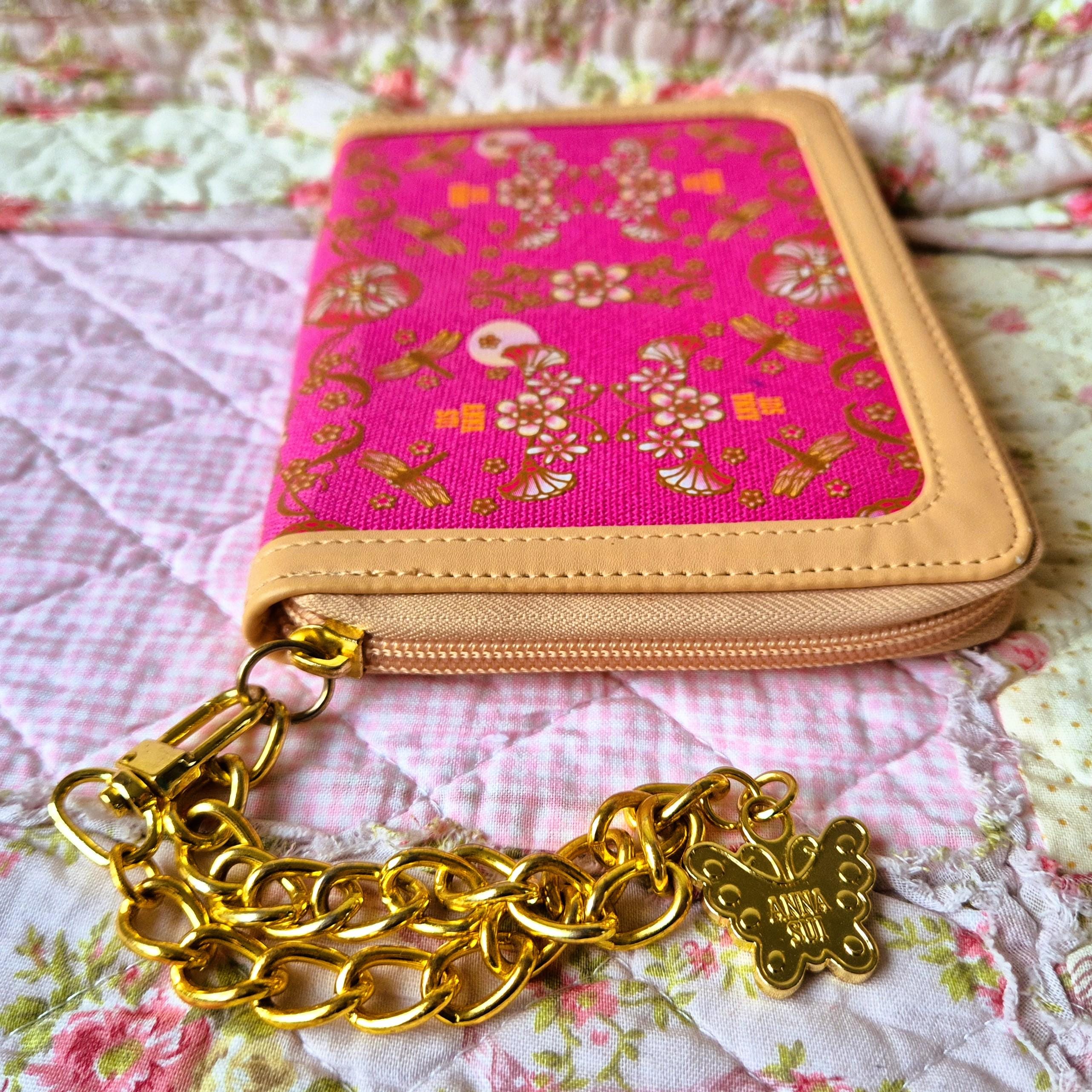 Y2K Anna Sui Pink Dragonfly Wallet With Gold Chain & Butterfly