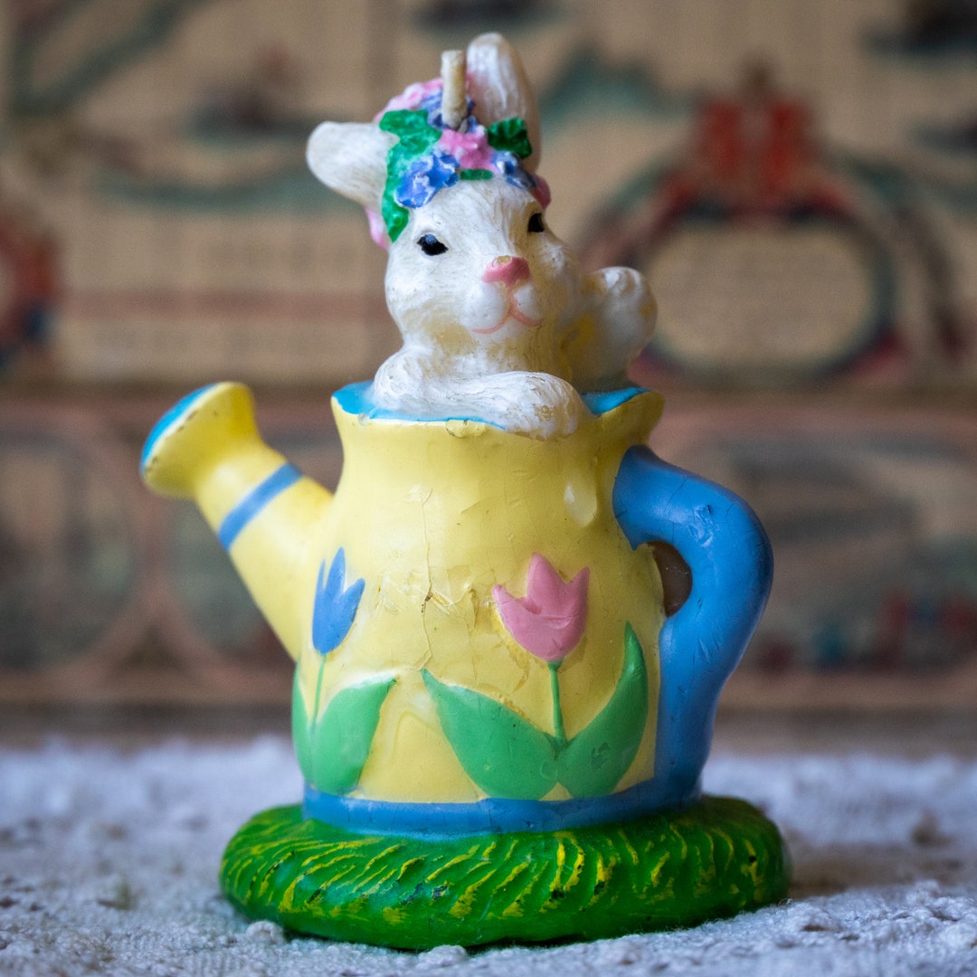 Kitsch Shiny Rabbit Vintage Kitsch White Bunny Rabbit in a Pastel Yellow, Pink & Blue Tulip ...