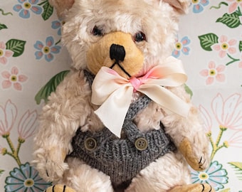 Handmade Wool Teddy Bear with Glass Eyes Hand Knitted Overalls Art Bear Decor