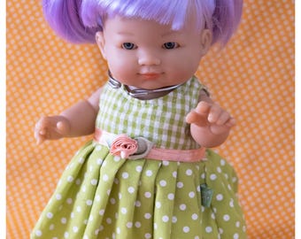 Vintage Arias Baby Doll Purple Pigtails Green Polka Dot Dress Spain Cute Pastel Doll Toy Collectible Nursery Decor Retro Figure