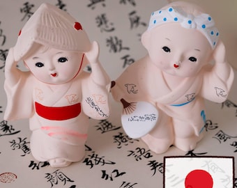 Vintage Japanese Sado Okesa Dancing Dolls Pair 1980s Ceramic Bisque Folk Art Omiyage Figurines Traditional Festival Decor Japan