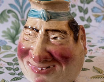 Antique Sarreguemines Character Jolly Fellow Face Jug Pitcher Early 1900s Figural Pottery Ceramic Grotesque Head Jug Collectible Decor