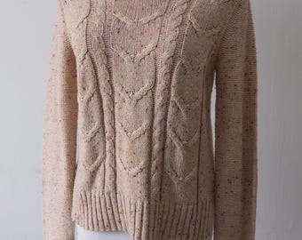 Beige Cable Knit Sweater EU M Speckled Acrylic Jumper with Side Slits Ribbed Hem Cozy Autumn Winter Knit Top