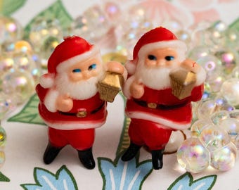 Vintage Santa Figurine Pair with Lanterns Hard Plastic Christmas Decor Mid Century Holiday Display Collectible