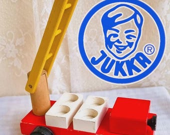 Vintage Finnish Jukka Wooden Fire Truck 1990s | Scandinavian Wooden Toy | Red Fire Engine with Ladder | Nordic Kids Decor | Retro Gift