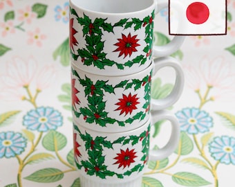 Vintage Japanese Stackable Christmas Mug Set 1960s MCM Poinsettia Ceramic Cups Made in Japan