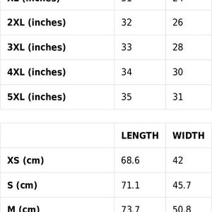 May include: Size guide chart with measurements in inches and centimeters for XS to 5XL sizes. The chart shows the length and width of each size.