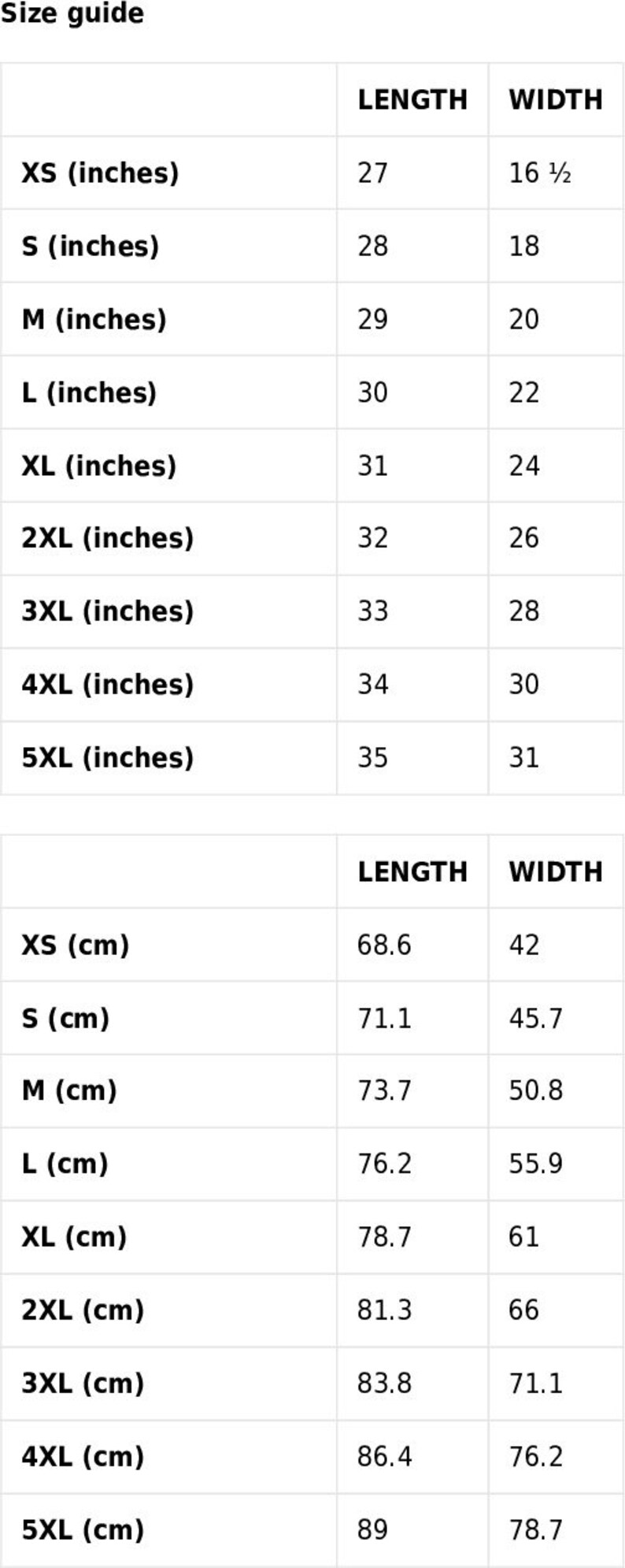 May include: Size guide chart with measurements in inches and centimeters for XS to 5XL sizes. The chart shows the length and width of each size.
