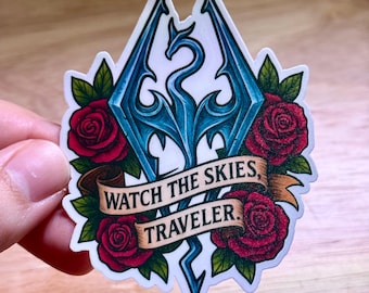 Watch the sky, traveler - handmade Skyrim sticker, dragon logo decal.