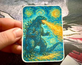 Pegatina estilo Kaiju Van Gogh: vinilo hecho a mano, parodia de La Noche Estrellada.