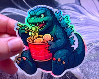 Kaiju comiendo fideos ramen - Pegatina kawaii hecha a mano