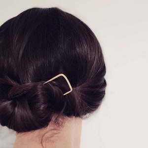 Brass hair pin, gold hair fork, square hair clip, bun holder, updo hair accessories image 1