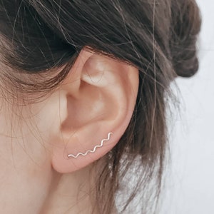 Wavy ear climbers, Sterling silver ear climber, Wave climber, Zigzag ear crawler, Squiggle earrings, Recycled silver ear wrap, Ear threader