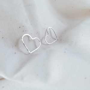 Silver heart hoop earrings, Small heart shaped earrings, Minimalist earrings, Hammered silver threaders, Heart Huggies, Sustainable earrings image 3