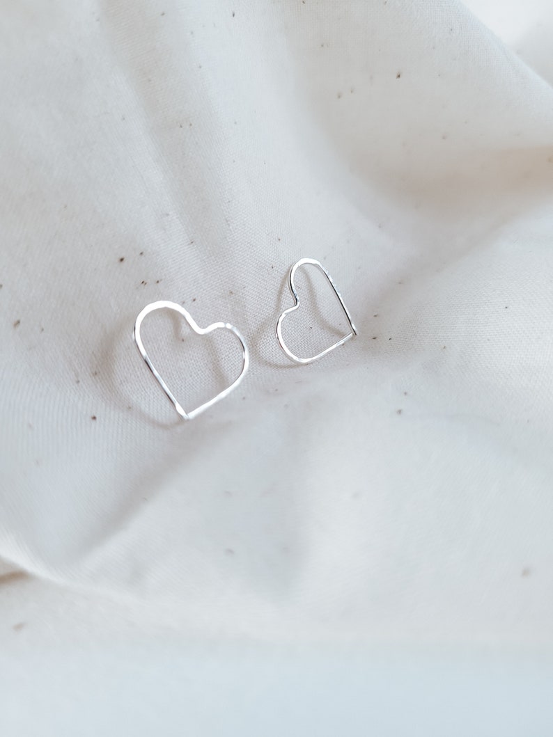 Silver heart hoop earrings, Small heart shaped earrings, Minimalist earrings, Hammered silver threaders, Heart Huggies, Sustainable earrings image 3