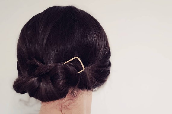 Brass hair pin, gold hair fork, square hair clip, bun holder, updo hair accessories