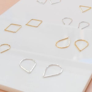 Gold teardrop threaders, Mini teardrop hoops, 14K Gold Filled mini hoops, Gold thread through hoops, Modern gold earrings. Gold threaders image 5