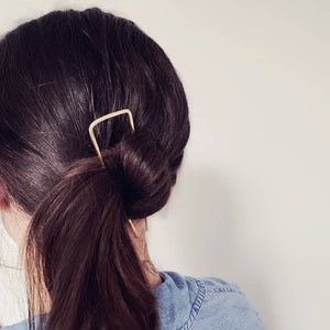 Brass hair pin, gold hair fork, square hair clip, bun holder, updo hair accessories image 6
