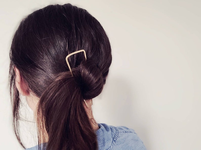 Brass hair pin, gold hair fork, square hair clip, bun holder, updo hair accessories image 6