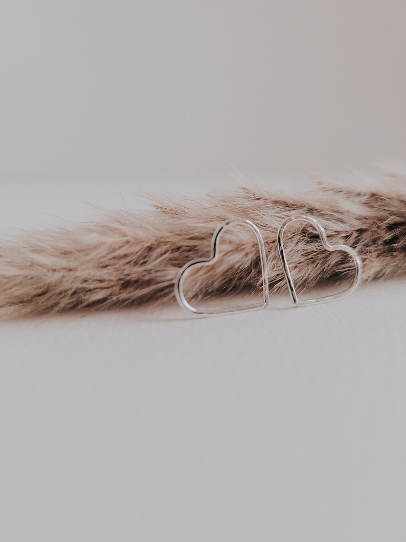 Silver heart hoop earrings, Small heart shaped earrings, Minimalist earrings, Hammered silver threaders, Heart Huggies, Sustainable earrings image 6