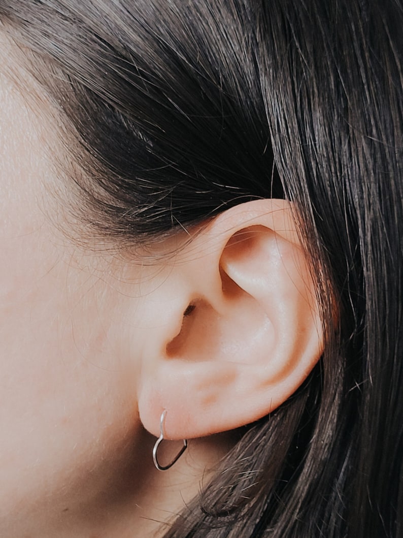 Silver heart hoop earrings, Small heart shaped earrings, Minimalist earrings, Hammered silver threaders, Heart Huggies, Sustainable earrings image 1