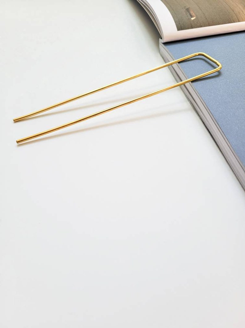 Brass hair pin, gold hair fork, square hair clip, bun holder, updo hair accessories image 5