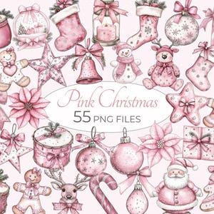 Raccolta di clipart natalizie, clipart natalizie rosa tenue, elementi natalizi rosa accoglienti, ornamenti rosa festivi, set di arte digitale natalizia