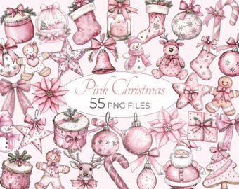 Christmas Clip Art Collection, Soft Pink Christmas Clipart, Cozy Pink Christmas Elements, Festive Pink Ornaments, Christmas Digital Art Set