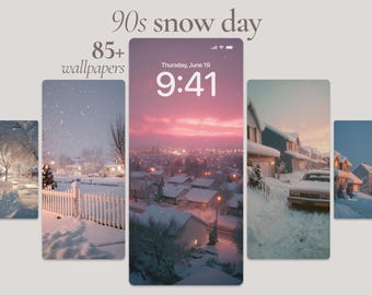 Snow Day Phone Wallpapers, Vintage Sunset Aesthetic Backgrounds, Snowy Wallpaper, Nostalgic 90s Phone Art, Childhood Memories Digital Art