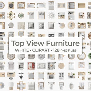 Op de afbeelding: Een verzameling van 128 PNG-bestanden met meubelclipart in bovenaanzicht in het wit. De afbeelding bevat verschillende meubelstukken zoals bedden, stoelen, tafels en badkamerarmaturen, allemaal gepresenteerd in een strakke, minimalistische stijl.